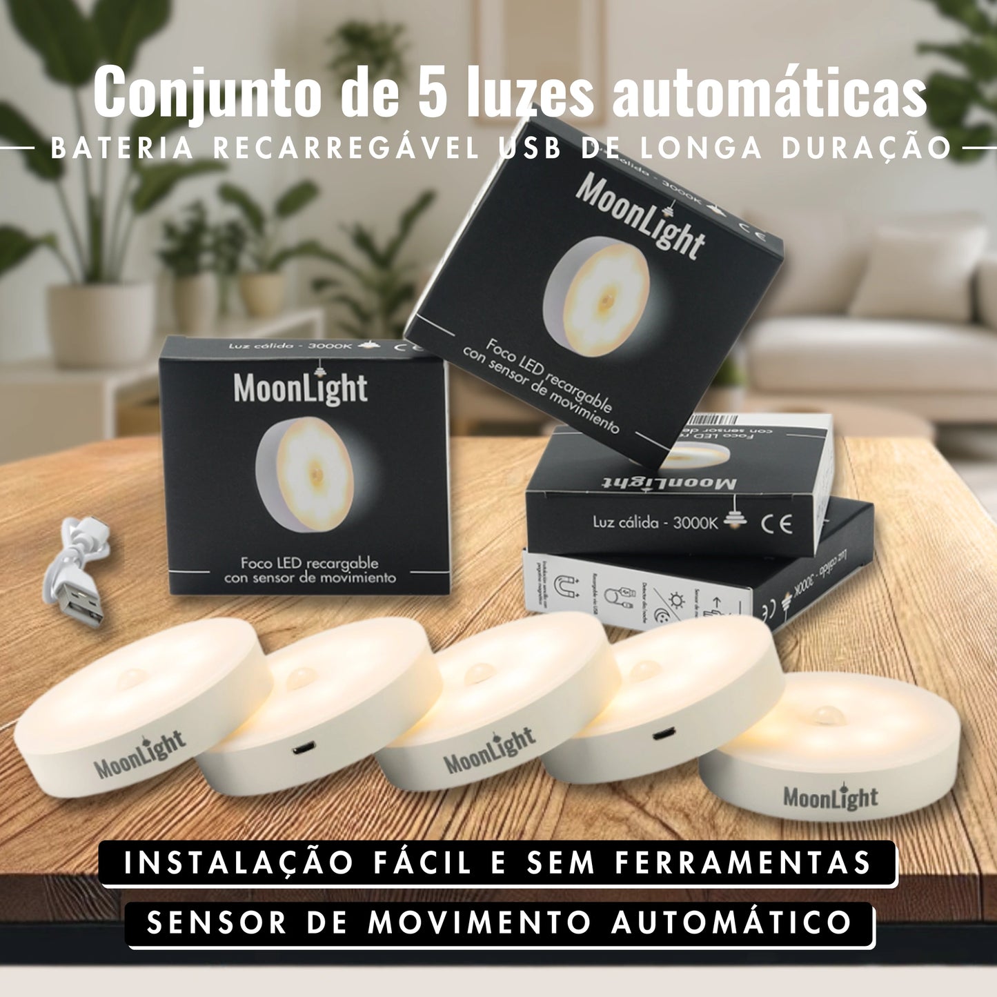 Luz LED recarregável com sensor de movimento